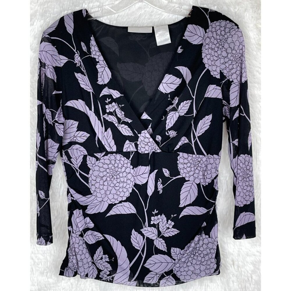Worthington Large Black & Purple Sheer 3/4 Sleeve Floral Top Surplice Neck